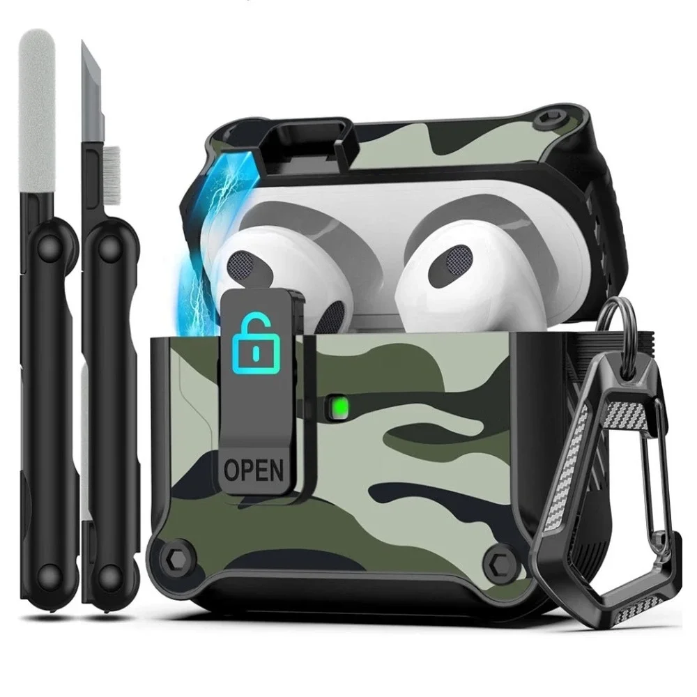 RFUNGUANGO Green Camo Rugged Case for AirPods 2nd 3rd Gen with Lock Cleaning Pen